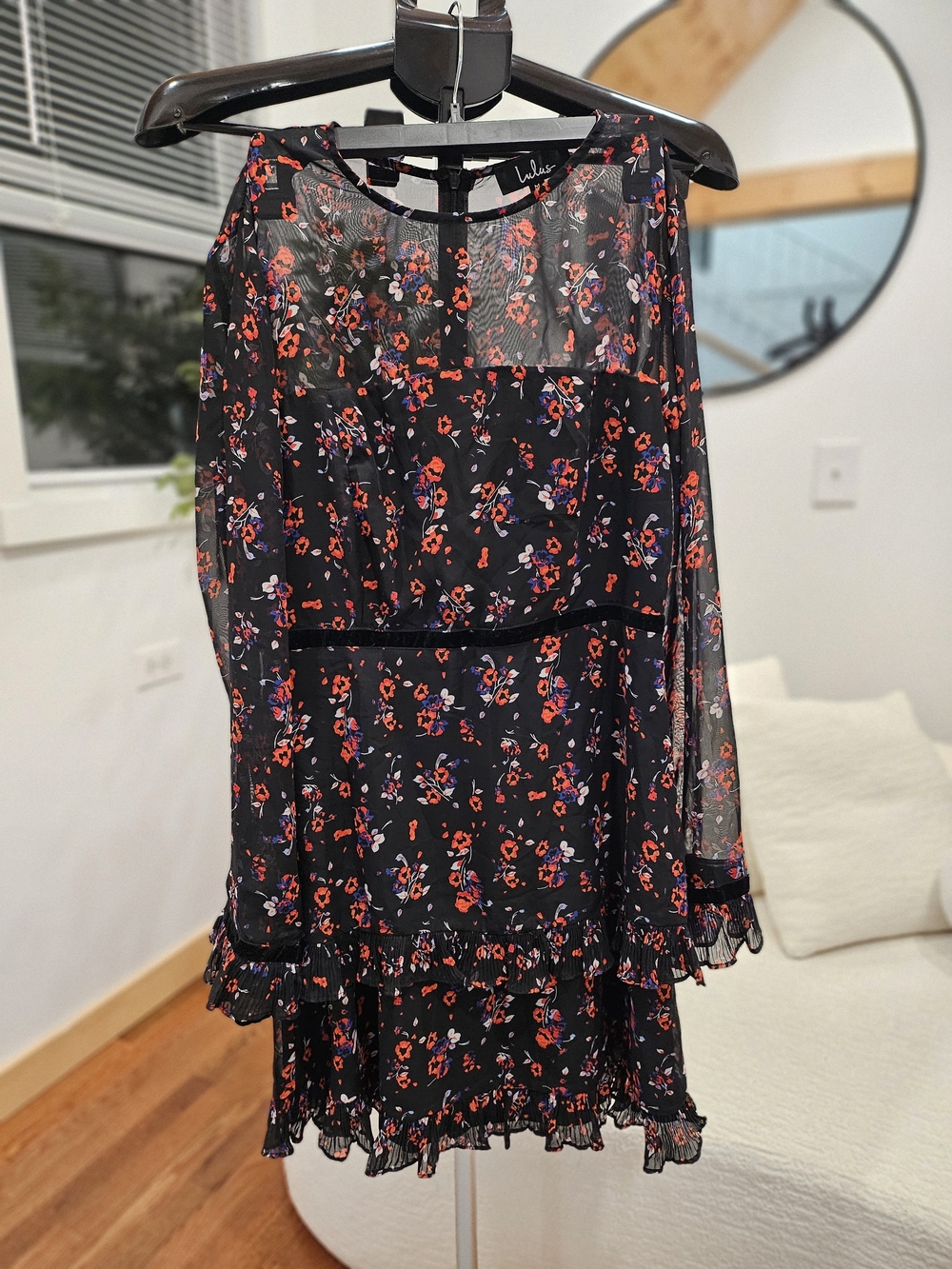 Lulu's Black Sheer Long Sleeve Floral Ruffle Mini Dress